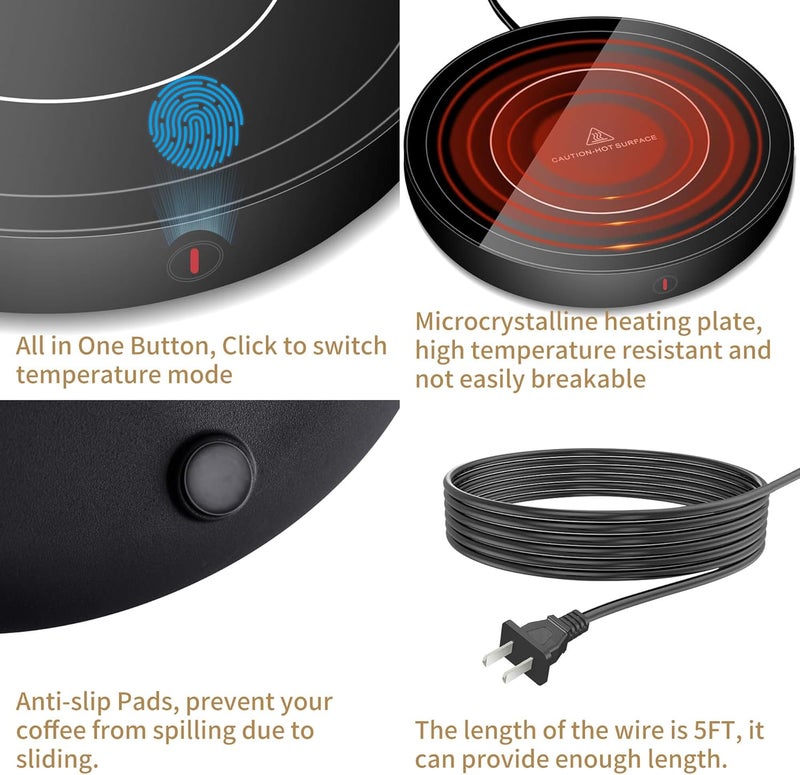 Unbreakable Coffee Mug Warmer for Desk 4H Auto Shut Off, Smart Coffee Cup Warmer with 3 Temperature Setting, Electric Mug Warmer Plate for Coffee, Milk, Tea (Black) - Image 3